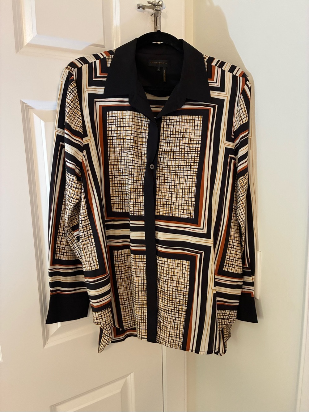 Donna Karan Geometric Print Button-Up Blouse in Black, Cream & Brown Silk